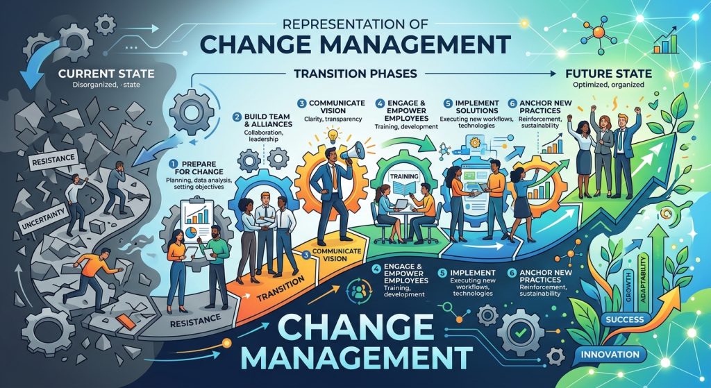 Illustrated change management journey from current state to future state