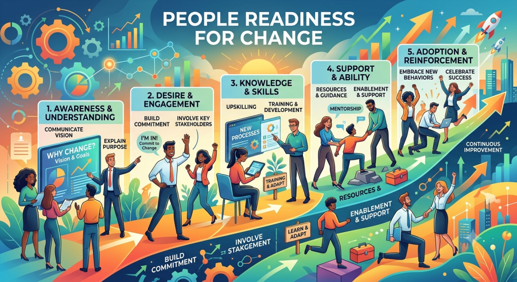 People readiness for change infographic showing five adoption stages