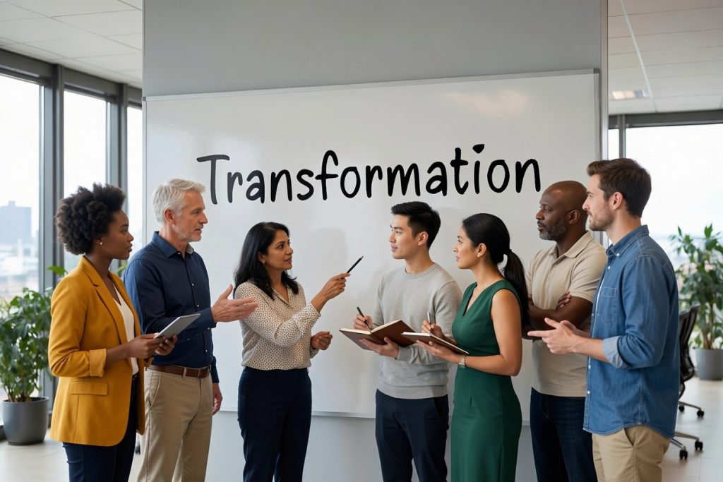 Transformation team discussing change around an office whiteboard