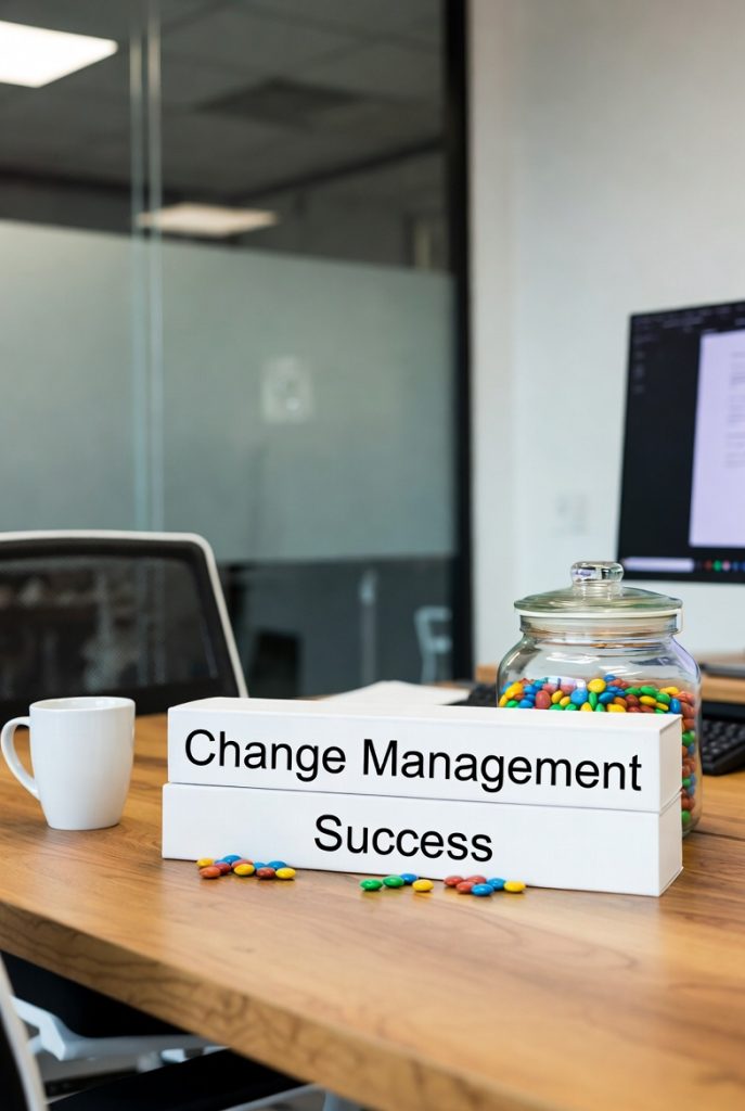 Change management sign beside a jar of colorful candies in an office